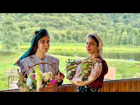 Видео: Дочка повара готовит фирменный рыбный шашлык со свежими овощами на берегу красивого пруда!
