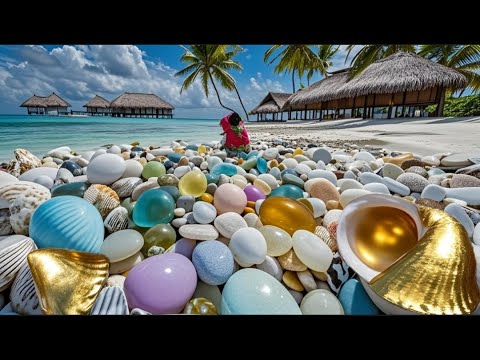Видео: По всему пляжу разбросаны золотистые раковины, гигантские гребешки и жемчужные улитки.