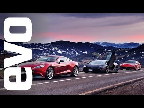 Видео: Ferrari F12 против Lamborghini Aventador против Aston Vanquish | ОБЗОР evo