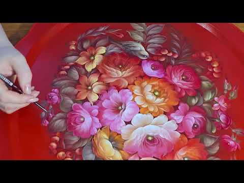 Видео: Роспись красного подноса в стиле Жостово. Часть_7