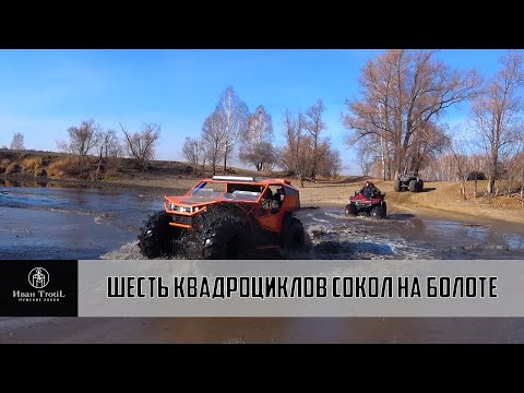 Видео: Шесть квадроциклов Сокол на болоте! Обзор Сокол - Пикап. Сравнение шин Авторос и Трэкол.