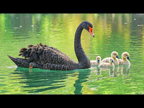 Видео: Черный лебедь и его пушистые малыши 🦢 Целебный пейзаж озера для релаксации, умиротворения и внутр...