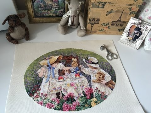 Видео: Вышивка крестом. Готовая работа Dimensions "Afternoon Tea" (Послеполуденный чай).