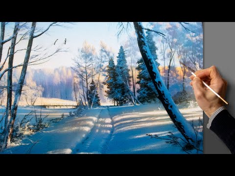 Видео: Acrylic Landscape Painting - Winter / Easy Art / Зимний пейзаж акрилом. Уроки рисования. Живопись