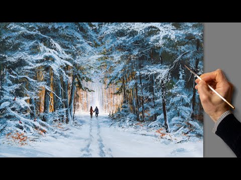 Видео: 👍 Зимний лес - пейзаж. Живопись акрилом. Рисование. Искусство. Красивая картина. Хобби.