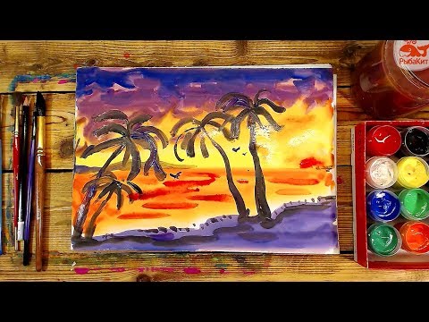 Видео: ЗАКАТ на МОРЕ и ПАЛЬМЫ / урок рисования для начинающих