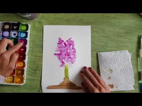 Видео: Как да нарисуваме зюмбюл с пръсти с акварел