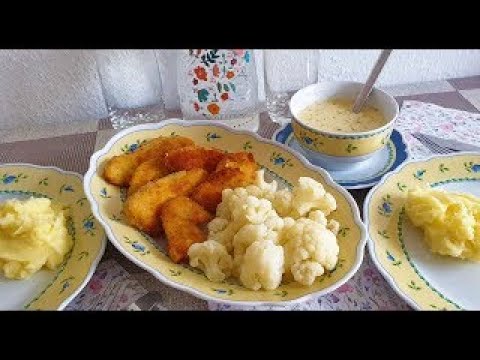 Видео: Шницель!Чесночный соус!Картофельное Пюре с чесноком!Цветная капуста!