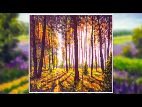 Видео: Художник рисует СОЛНЕЧНЫЙ ЛЕС полный урок живописи Валерий Рыбаков | Sunny FOREST acrylic painting.