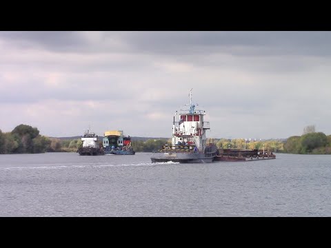 Видео: Гружёный песком состав идёт вверх по реке. Навстречу ему два буксира-толкача ведут плавучий кран!