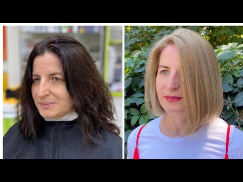 Видео: Из чёрного цвета в пепельный, бежевый блонд + Техника стрижки - каре на удлинение на одну сторону