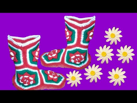 Видео: Тапочки - сапожки крючком из мотивов. Мастер класс. На стопу 20 - 22 см