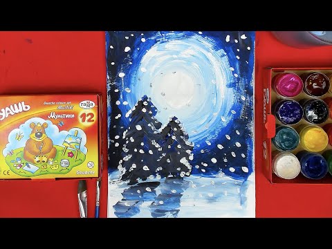 Видео: Зимний пейзаж - рисуем дома для детей