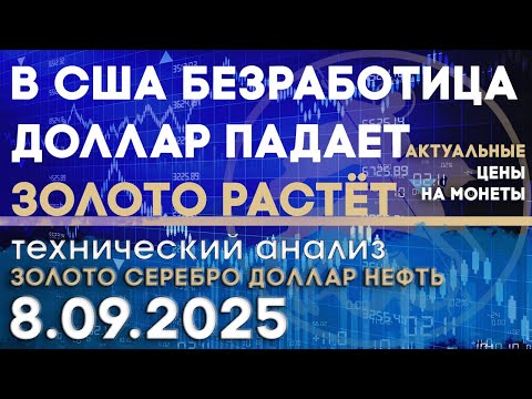 Видео: Доллар падает, безработица в США растёт. Анализ рынка золота, серебра, нефти, доллара 08.09.2025 г