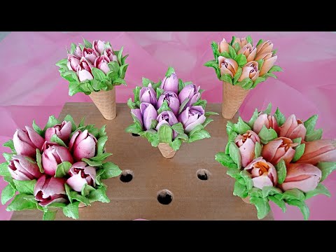 Видео: МИНИ БУКЕТИКИ С ЗЕФИРНЫМИ ТЮЛЬПАНАМИ/ТЮЛЬПАНЫ ИЗ ЗЕФИРА В РОЖКЕ/БУКЕТ ТЮЛЬПАНОВ В ВАФЕЛЬНОМ РОЖКЕ