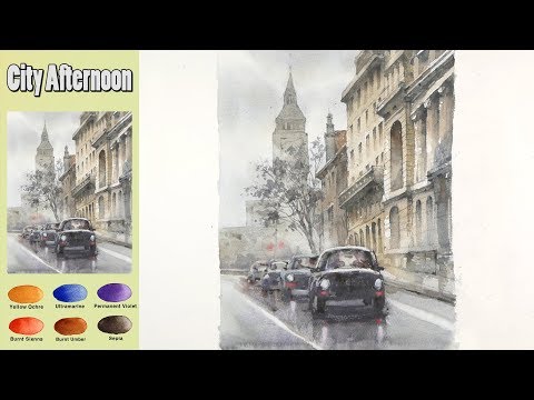 Видео: День города - пейзажная акварель (wet-in-wet, Arches rough)NAMIL ART