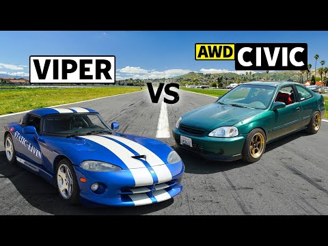 Видео: AWD Sleeper Civic участвует в дрэг-рейсинге Viper второго поколения на неподготовленном асфальте
