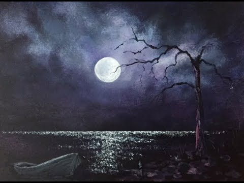 Видео: Ночное небо! Луна и блики на воде. Лимитированная палитра.Акрил. Night Sky in acrylic on canvas