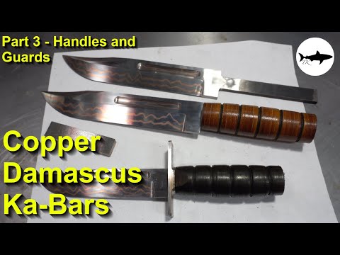 Видео: Изготовление трех медных дамасских ножей Ka-Bar - Часть 3 - рукоятки и накладки