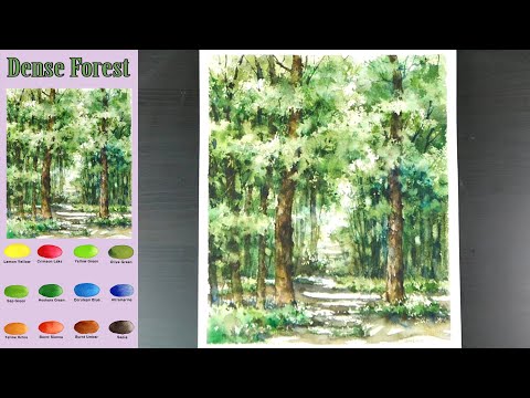 Видео: Без эскиза  Пейзаж Акварель -  Густой лес  (смешение цветов,  материал представить)