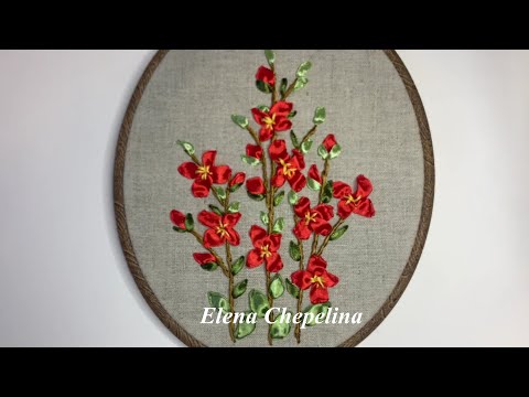 Видео: Простая веточка с цветами, вышитая атласными лентами