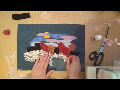 Видео: ВЫКЛАДЫВАЕМ ПЕЙЗАЖ ИЗ НЕСКОЛЬКИХ ЛОСКУТКОВ ТКАНИ КРУЖЕВА ДЖИНСЫ / ЗИМА ВЕЧЕР ЛУНА ДОМИКИ СНЕГ (1)