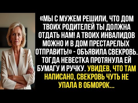 Видео: МЫ С МУЖЕМ РЕШИЛИ, ЧТО ДОМ ТВОИХ РОДИТЕЛЕЙ ТЫ ДОЛЖНА ОТДАТЬ НАМ! А ТВОИХ ИНВАЛИДОВ В ДОМ ПРЕСТАРЕЛЫХ
