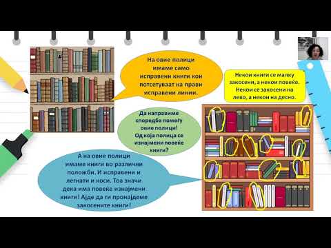 Видео: II одделение - Македонски јазик - „Во библиотека“-Пишуваме коса линија на лево и коса на десно