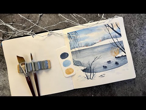 Видео: Рисуем простой акварельный пейзаж, вдохновленный шведской зимой / Урок по акварели