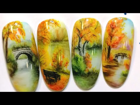 Видео: Fall nailart, watercolor landscape. Осенний акварельный пейзаж на ногтях 🍂 #nailart #дизайнногтей