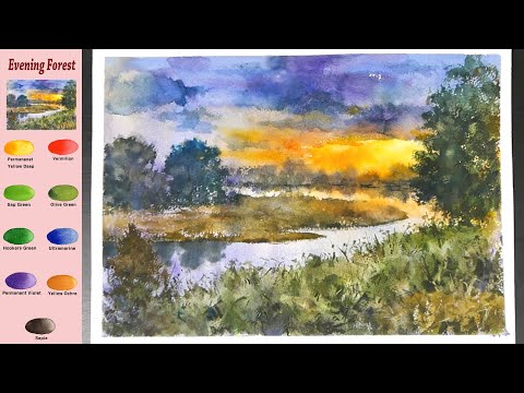 Видео: Без эскиза  Пейзаж Акварель -  Вечерний лес  (просмотр названия цвета,  материал представить)