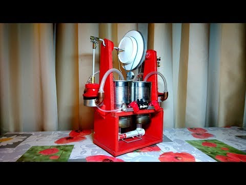 Видео: Двухцилиндровый двигатель Стирлинга с генератором