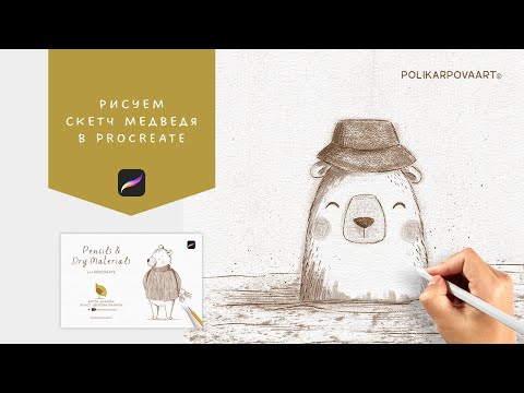 Видео: Рисуем скетч медведя карандашными кистями в Procreate