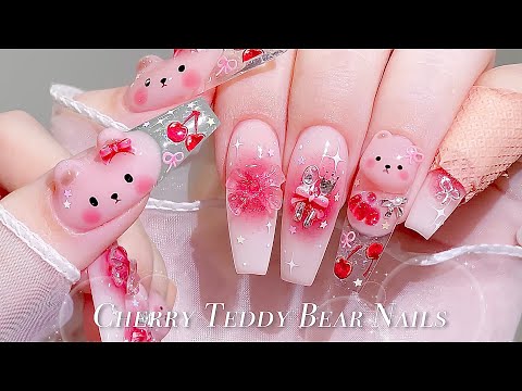 Видео: sub) Трендовые горизонтальные ногти!😎Ногти с вишневыми мишками🐻🍒/🇰🇷Корейские ногти / Нейл-арт / ASMR