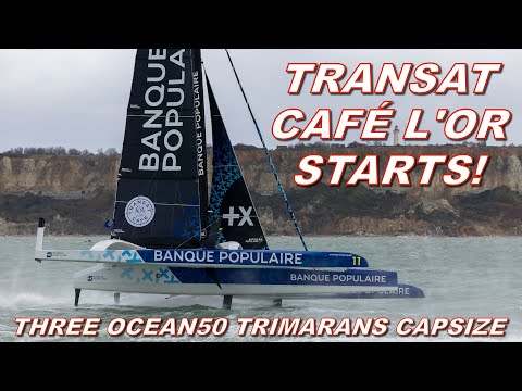 Видео: Transat Café l'Or Start — 3 тримарана перевернулись при сильном ветре