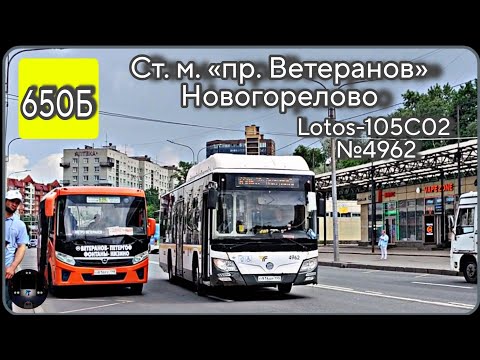 Видео: ЛО, автобусный маршрут №650Б от ст. м. пр. Ветеранов до Новогорелово | Lotos-105C02 №4962