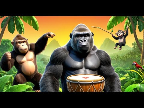 Видео: Большая горилла играет на барабане в джунг