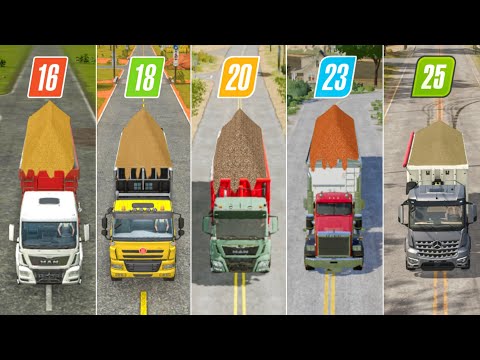 Видео: Fs16 Va Fs18 против Fs20 против Fs23 против Fs25 | Перегрузка всех грузовиков | Замедленная съёмка