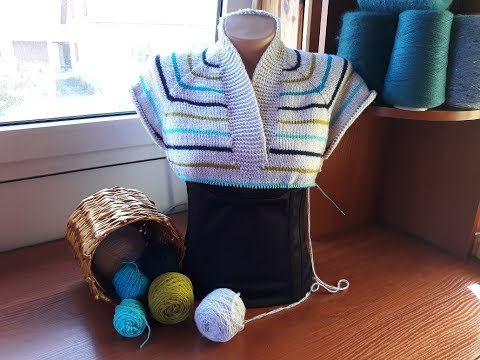 Видео: Пуловер с карманом (из остатков пряжи). Часть 2. Росток. Подрезы. Планка - воротник.