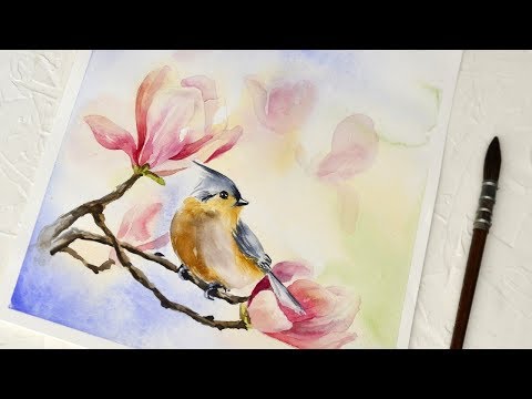 Видео: Акварель. Птичка и магнолия.