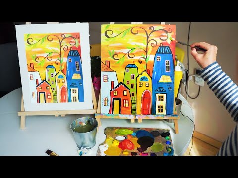 Видео: Урок по рисуване с акрилни бои - град / city painting with acrylic paint