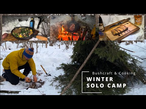 Видео: Соло кемпинг зимой. Bushcraft. Копченый лосось и стейк на костре. ASMR