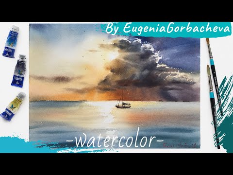 Видео: Watercolor Painting Short Lesson | Seascape, Clouds and Sun | Акварель