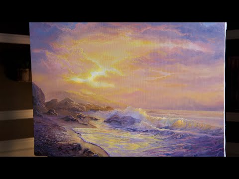 Видео: Скалистый берег на закате — картина маслом