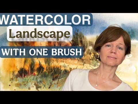 Видео: Autumn Watercolor landscape with one brush. Осенний пейзаж одной кистью.