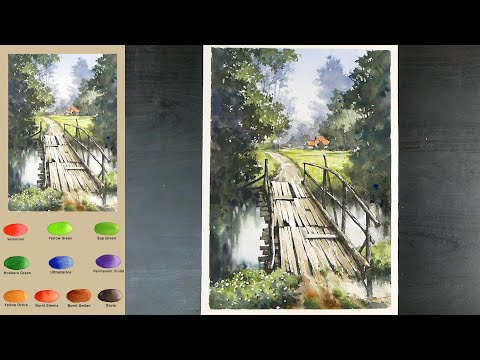 Видео: Пейзаж акварелью -Лесной мост (3x скорость, Посмотреть названия цветов)