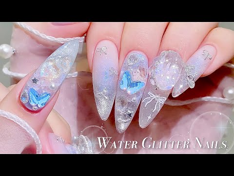 Видео: sub) Ногти с синей сердцевиной!🦋🫧/🇰🇷Корейские ногти / Сделайте искусство с водными блестками!🙋🏻‍♀️