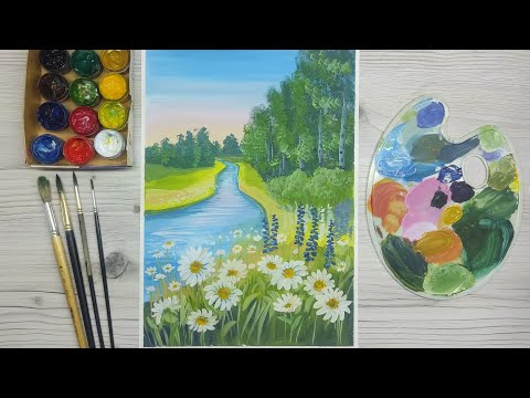 Видео: Пейзаж с ромашками, берёзами и речкой.