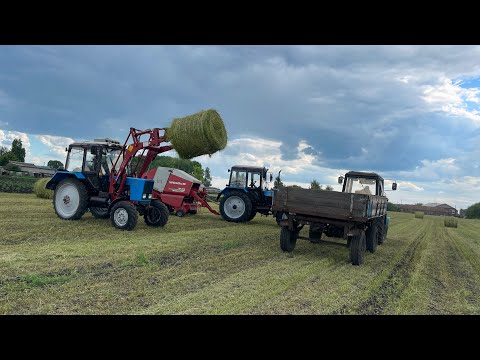 Видео: Сенокос в самом разгаре. Собираем в валки, прессуем и завозим в ангар.