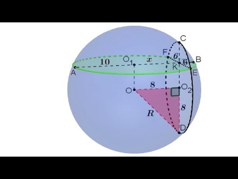 Видео: Шардың өзара перпендикуляр 2 қимасының ортақ хордасы 12см. Қималар аудандары 100П, 64П, шар радиусы?